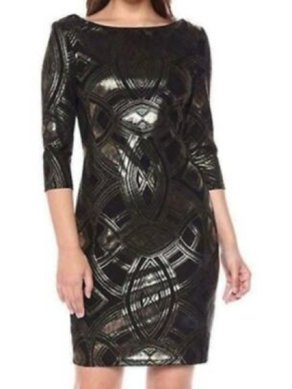 Sangria Black and Gold Graphic Print Cocktail Dress 3/4 Sleeve Back Drape Sz 18W
